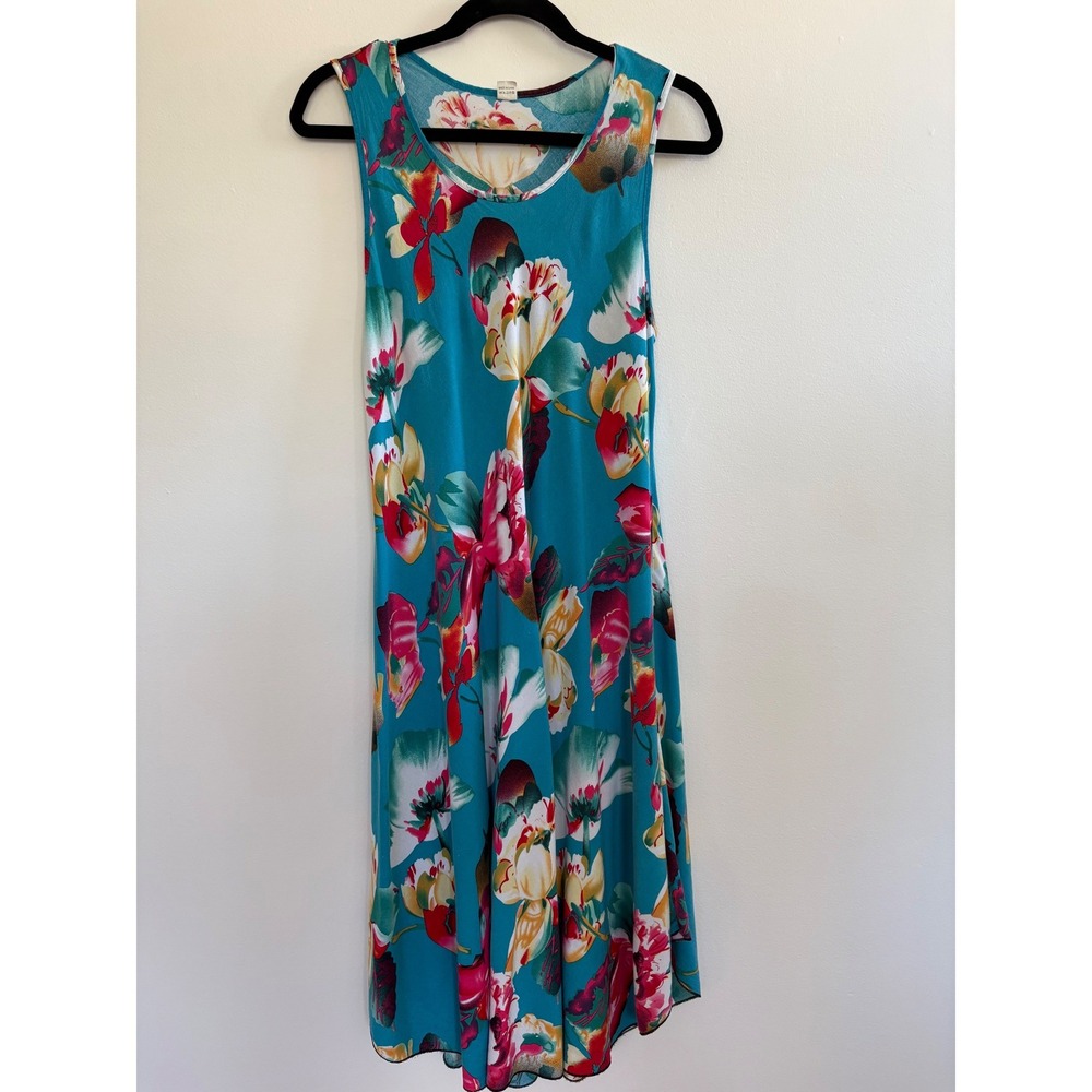 Vibrant Teal Floral 100% Cotton Sleeveless Resortwear Midi Dress Vacation Travel